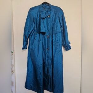 Vintage J. Gallery Metallic Blue Long Trench Coat With Belt Size 7/8